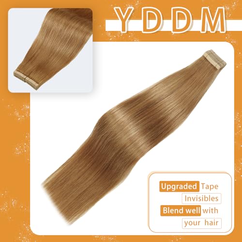 Image of YDDM Tape in Hair Extensions Human Hair, 20pcs 14 Inch Honey Blonde 100% Remy Human Hair for Women Straight Seamless Invisible Tape in Hair Extensions(27#, 14 Inch)