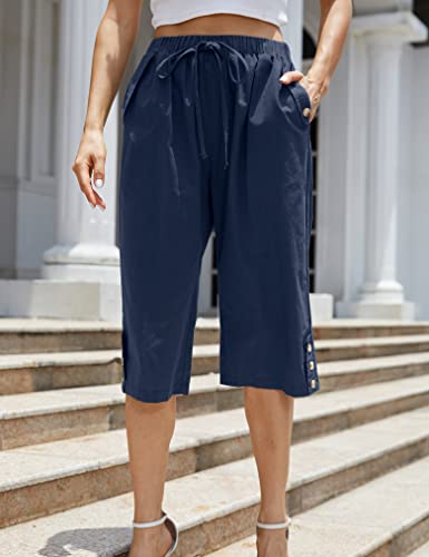 Women's Casual Cotton Pants Elastic Drawstring Capri Trousers Lightweight High Waisted Wide Leg Baggy Slacks4