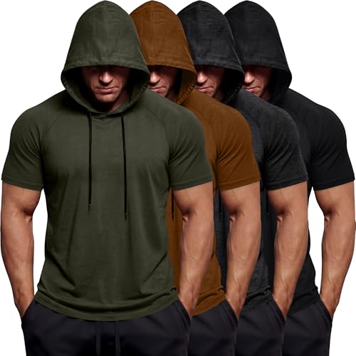 August Alley 4 Pack Mens Big and Tall Hoodies Short Sleeve Workout T Shirts Athletic Running Pullover Sweatshirt(Army Green, Coffee, Dark Gray, Black,4X-Large)