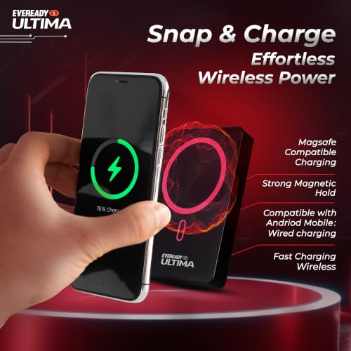 Image of Eveready Ultima MagSafe Compatible Power Bank PB32, 10,000mAh, 22W Wired & 15W Wireless Fast Charging, Compatible with iPhone 12 & Above, Android & Qi Devices (Ensure Device & Case Compatibility)