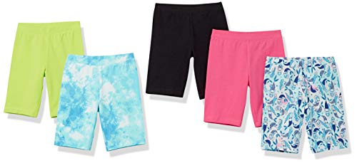 Amazon Essentials Girls' Midi Bike Shorts (Previously Spotted Zebra), Pack of 5, Black/Blue Mermaids/Green/Pink/Tie Dye, XX-Large