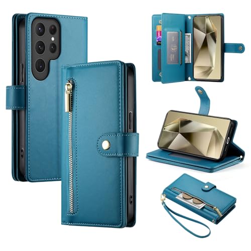 Étui portefeuille Samsung S23 Plus bleu avec fermeture éclair et porte-cartes