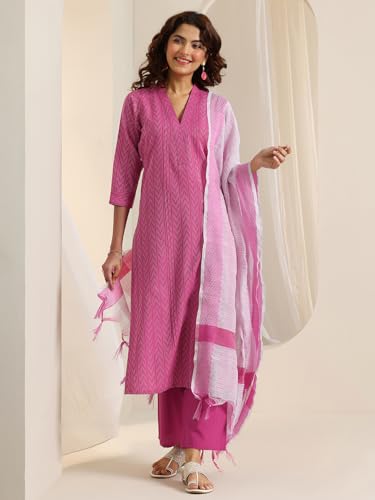 Image of Libas Woven Design Cotton Blend Straight Kurta With Trouser and Dupatta