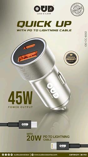 Image of Oud Quick Up 45W Power Output Car Charger with 20W PD to iPhone Cable, Silver