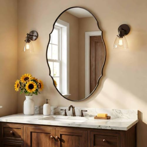 Image of ANDY STAR 30x40 Large Brushed Bronze Scalloped Oval Bathroom Vanity Mirror
