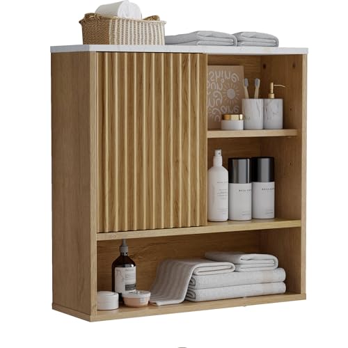 FerniTry Bathroom Cabinet Wall Mounted Fluted, Modern Medicine Cabinet Over The Toilet Storage Cabinet Faux Marble Top with Adjustable Shelf, Wood Wall Mounted Storage Cabinet Organizer(Natural Oak)