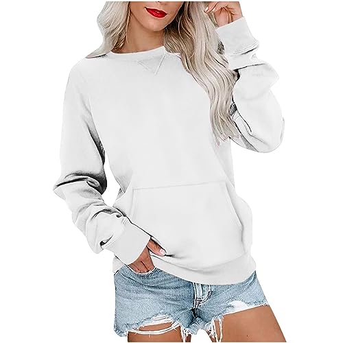 womens hoodie Womens Fashion Sweatshirts Solid Color Casual Round Neck Pullover Tops Loose Fit Fleece Pockets Hoodie Fall Clothes White 2X