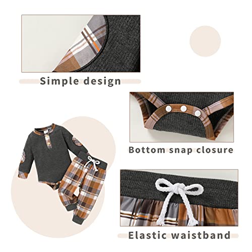 Happy Town Baby Boy Clothes Fall Ribbed Knitted Cotton Romper And Plaid Long Pants Newborn Boy Outfits Winter (Grey Romper&Khaki Plaid Pants, 0-3 Months) #TOP3