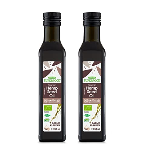 Aceite de semilla de cáñamo prensado en frío 100 % certificado orgánico - Aceite de cáñamo vegano rico en proteínas omega 3 para una dieta cetogénica y paleo saludable (Ajo, 2 x 250ml) Cover