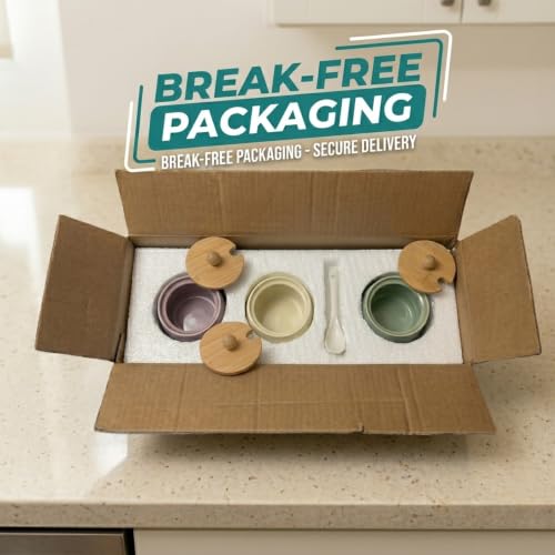 Image of 3-Piece Ceramic Spice Jar Set with Natural Bamboo Lids, Serving Spoons, and Base Organizer Tray, Pastel Multicolor Condiment Pots, 250ml Each for Masala, Sugar, Ghee, Salt, Countertop Storage