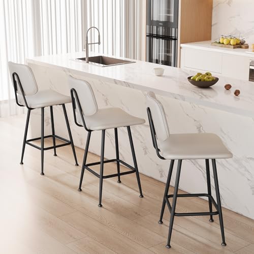 Image of Raynesys 24-Inch Leather Bar Stools Set of 4 with High Backrest, Beige