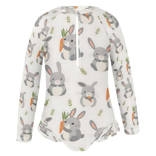 Grey Rabbit Holding Carrot Girls Long Sleeve Swimsuits One Piece Zipper Bathing Suit UPF 50+ Rashguard Swimwear2