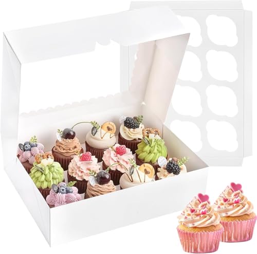 Tlczrva 5 Pack 12 Hole White Cupcake Boxes with Clear Window Food Grade Cake Boxes with Removable Inserts -Ideal for Muffins Cupcakes and Pastries(32.5 x 25 x 8.5 cm)