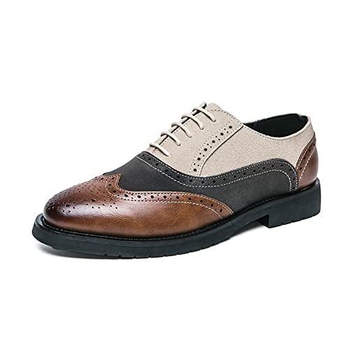 Ninepointninetynine Chaussures habillées for Hommes à Lacets Bicolores Patchwork Richelieu en Cuir PU gaufré antidérapant Talon Bloc Bas Haut antidérapant...