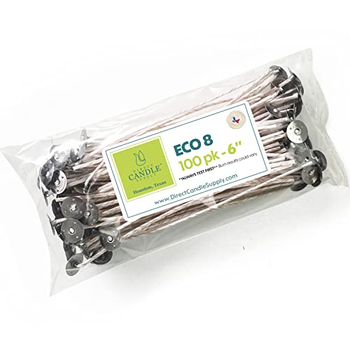 ECO 8 Wicks for Candle Making, 6 inch Pre-Waxed Wicks with Base 100pk White…, White, Eco 8