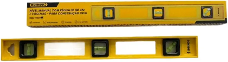Nível Manual de Mão com Régua 50cm, 3 Bolhas, Amarelo, para Construção Civil e Pedreiro
