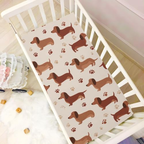 Image of Brown Dachshund Dogs Crib Sheets Soft Breathable Fitted Baby Crib Sheets Mattress Cover for Girls Boys, 52 inch x 28 inch x 9 inch