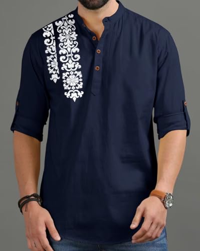 Image of FINIVO FASHION Men's Regular Fit Cotton Blend Kurta Shirt | Full Sleeve Ethnic Shirt with Mandarin Collar and Button Placket | Casual Kurta for Daily and Traditional Use