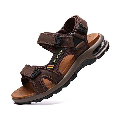 visionreast Men’s Leather Sandals Beach Hiking Sandals Summer Comfortable Trekking Shoes Hiking Shoes Sports Outdoor with Velcro Fastener Beach Closed Sandals Brown Size: 6 UK Cover