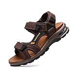 visionreast Herren Outdoor Sports Sandalen Trekking Leichte Leder Strand Wandersandalen Männer Sommer Klettverschluss Offroad Sandale Schuhe Waterproof, Dunkelbraun1, 43 EU