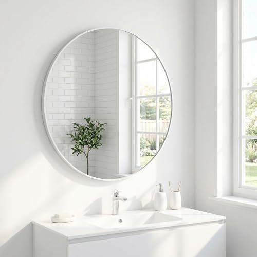 Image of HARRITPURE Round Mirror 20 inch White Wall Mounted Circle Mirrors Vanity Mirror with Brushed Aluminum Alloy Frame Modern Decoration for Bathroom, Living Room, Vanity, Bedroom, Entryway