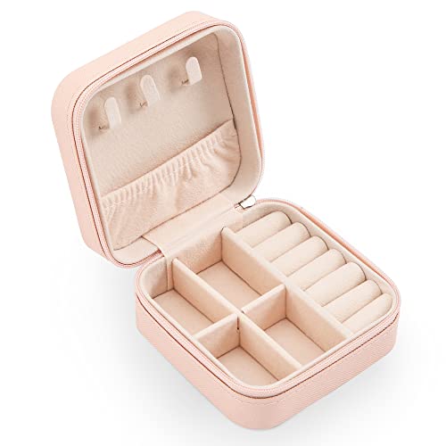 Image of Small Travel Jewelry Boxes, Portable Jewelry Organizer Display Storage boxes for earrings, rings, necklaces, jewelry boxes for women. (Pink).