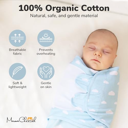 Image of Mama Cheetah 100% Organic Cotton Baby Swaddle Sleep Sack 3-Pack, Infant Swaddling Blanket Wrap, Easy Swaddles for Boy, Large (3-6 Months)