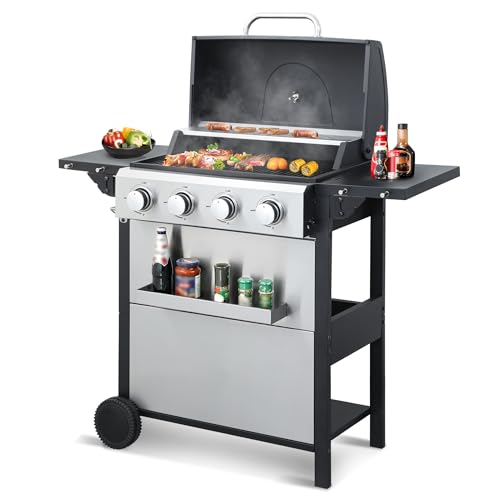 HUGROVE 4-Burner Propane Gas BBQ Grill, 34200BTU Output With Wire Enamel Cooking Grids & Foldable Side Table, Hanging Basket, Stainless Steel For Outdoor Barbecue,Patio, Garden, Camping (Silver)