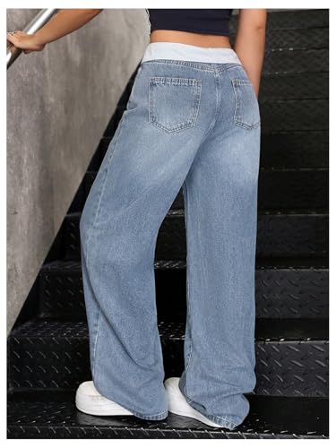 GORGLITTER Girl's Baggy Jeans Fold Over Waist Y2k Wide Leg Denim Pants with Pockets3