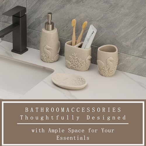 Haocoott Bathroom Accessories Set, 4 PCS Bathroom Accessory Sets with Soap Dispenser, Toothbrush Holder, Tumbler, Soap Dish, Bathroom Countertop Organizer, Sea Bathroom Decor (Beige) - Thumbnail 6