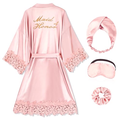 Image of EPLAZA Bride Robe for Wedding Day Set Bridal Robe Lace Trim Silky Embroidery Satin Kimono for Bridal Party