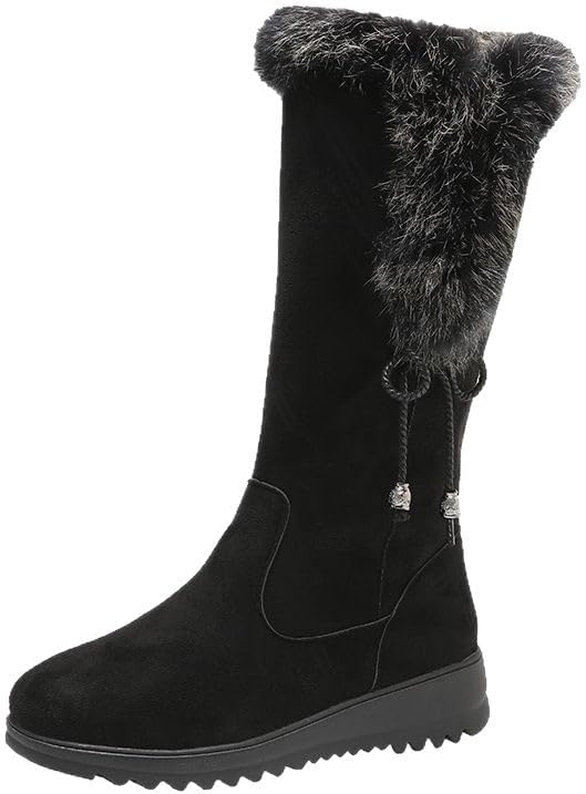 Women's Mid-Calf Winter Platform Hidden Wedge Boots Slip-on Thick Rabbit Fur Collar Warm Waterproof Stretch Leather Non-slip Snow Boot