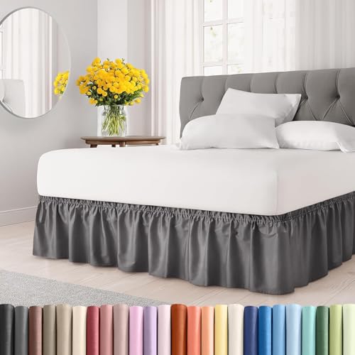 Image of Bed Skirt - Wrap Around Dust Ruffle Bed Frame Cover with Easy Fit Elastic Strap, Double Size 12 Drop, Microfiber Pleated, Machine Washable | Grey, (72inchx72inch)