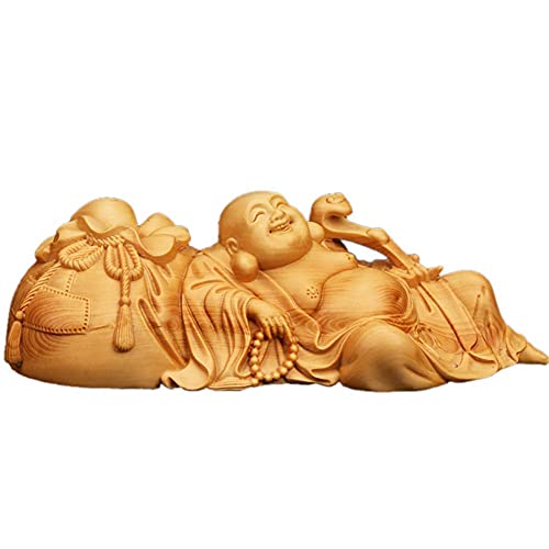 Yingtuwinh Estatuas decorativas, estatua de Buda riendo para buena suerte, riqueza y felicidad, adorno de feng shui de boj, decoración de prosperidad de riqueza y oficina en casa, madera