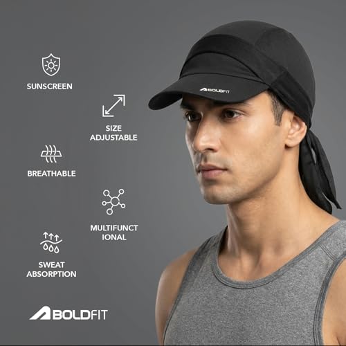 Image of Boldfit Helmet Skull Caps for Men Bike Dew Rag Full Head Caps Helmet with Visor for Bikers Sweat Cooling Skulls Toppa for Cycling, Skull Cover for Summer Helmets Cap for Man - Black