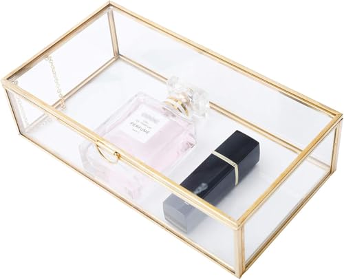 Sparkfire Copper Golden Vintage Glass Lidded Box, Decorative Jewelry Keepsake Display Organizer Clear Rectangle Golden Box for Wedding Party Decor (20x11x5.9cm, Gold)