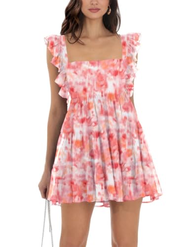 Image of Women's Summer Square Neck Tie Back Ruffle Sleeve Tiered Casual A-Line Short Mini Dress