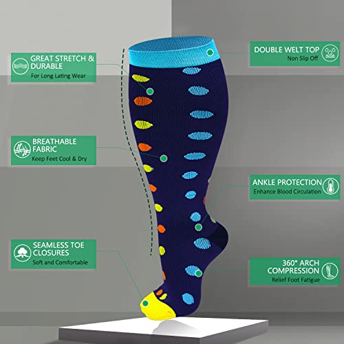 3 Pack Wide Calf Compression Socks For Women & Men, 20-30 Mmhg Plus Size Knee High Stockings For Circulation Support Skiing Snowboarding, Multicolor1, 2Xl #TOP4