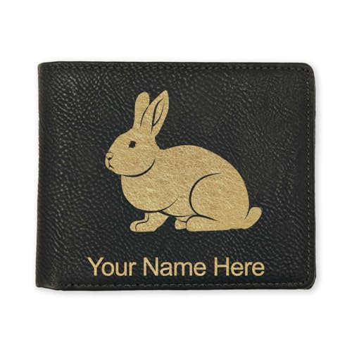 LaserGram Faux Leather Bi-Fold Wallet, Rabbit, Personalized Engraving Included (Black with Gold)