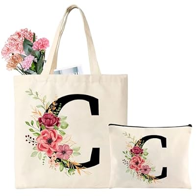 Tarklanda Personalizzata Iniziali Borsa Tote in Tela, Cotone Shopper Borsa con Lettere e Fiori, Regali per Donna, Amica, Mamma, Regalo per Compleanno, Matrimonio, Festa della mamma(C)