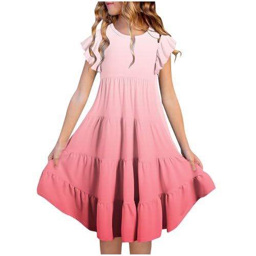 Girls Summer Dresses Kids Double Layer Ruffle Sleeve Dress Flowy A-Line Tiered Midi Casual Sundress with Pockets 6-15 Years