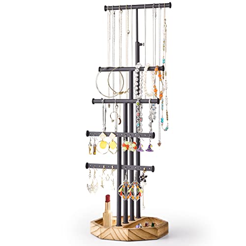 SRIWATANA Jewelry Organizer Stand, 5 Tier Necklace Holder Bracelet Earring Holder Jewelry Display Stand Large Storage with Wood Base, Gifts for Mom, Carbonized Black