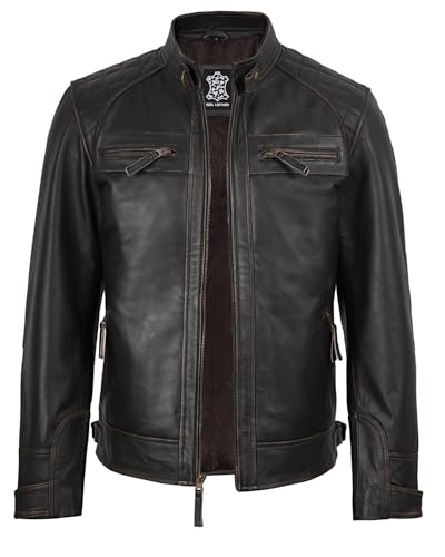 Image of fjackets Mens Leather Jacket Moto Style Real Lambskin Leather Jacket, Quilted Cafe Racer Classic Zip Up Biker Jacket for Men