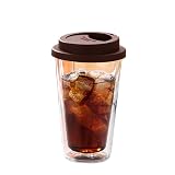 TINGJUNN Heat-Resistant Double-Walled Glass Coffee Mug with Silicone lid, high Borosilicate Glass Mug, Double-Walled Insulated Mug, Mug with lid. (Brown)