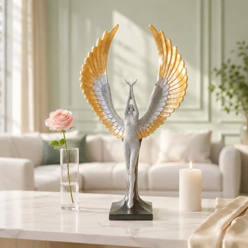 Image of Amazon Basics Majestic Angel Wing Sculpture for Home & Office Decor | Modern Abstract Figurine Showpiece for Living Room, Console, Shelf & Bedroom Styling (Gold & Silver)