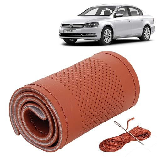 Image of KINGSWAY PU Leatherite Car Steering Cover Sewable Compatible with Volkswagen Passat (Year 2015 Onwards), Tan Color with Tan Thread, Pack of 1 with Sewing Needle and Thread