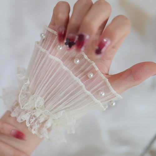 lace mesh Fingerless Gloves Pearl Tulle Wedding Gothic Cuffs for Bridal Wedding Gloves Party Decoration3