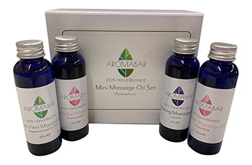Mini Massage Body Oil Gift Set Lavender, Ylang Ylang, Tea Tree & Peppermint and Rose Geranium in Sweet Almond (4 x 60ml) Ideal Birthday Gift Travel