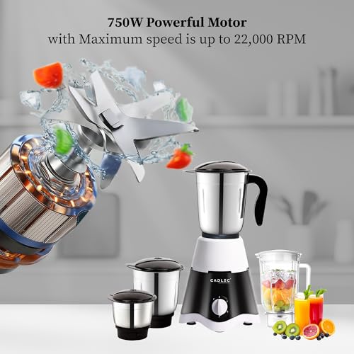 Image of Cadlec GrindGenie 4 Jar 750 Watt Mixer Grinder | Intelligent High-Power Motor | Juicer, Blender & Mixer | Advanced Safety Features | Multi-Function for Juicing & Blending | 2-Year Warranty