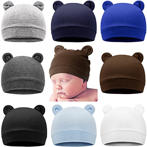 Image of DRESHOW BQUBO 8 Pack Newborn Baby Boy Hats Beanie Bear Ears Preemie Boys Infant Caps Toddler Cotton Hats for 0-3 Months